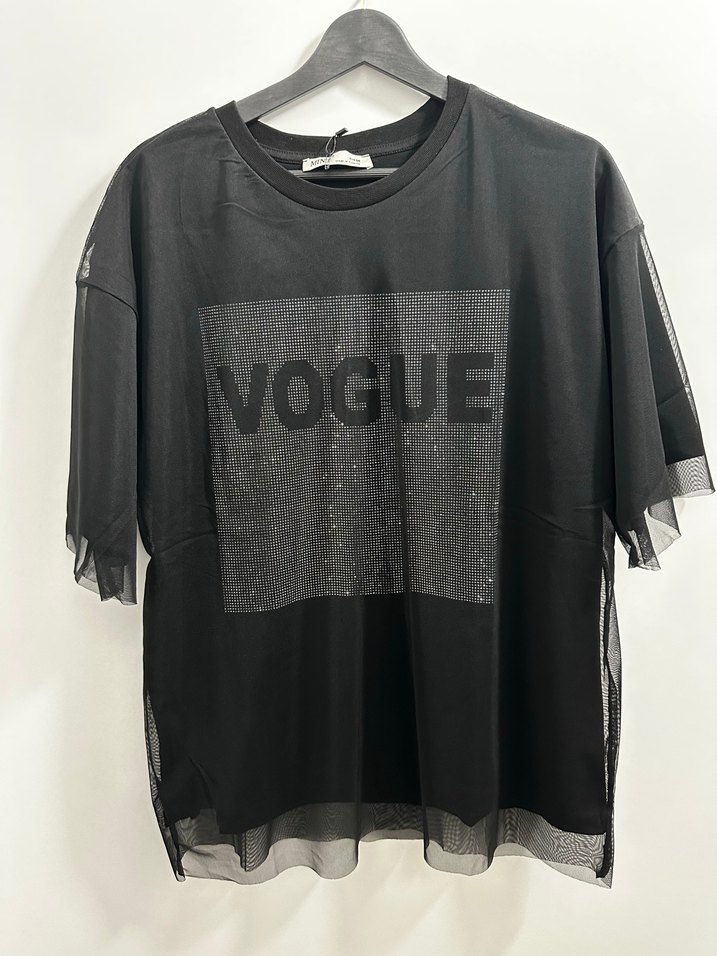 VOGUE Baskılı Tül ve Taş Detaylı Siyah Tişört - Görsel 3