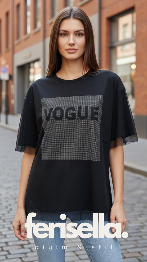 VOGUE Baskılı Tül ve Taş Detaylı Siyah Tişört - Görsel 2