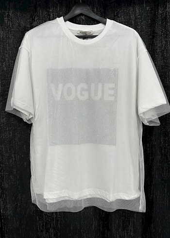 VOGUE Baskılı Tül ve Taş Detaylı Beyaz Tişört - Görsel 3