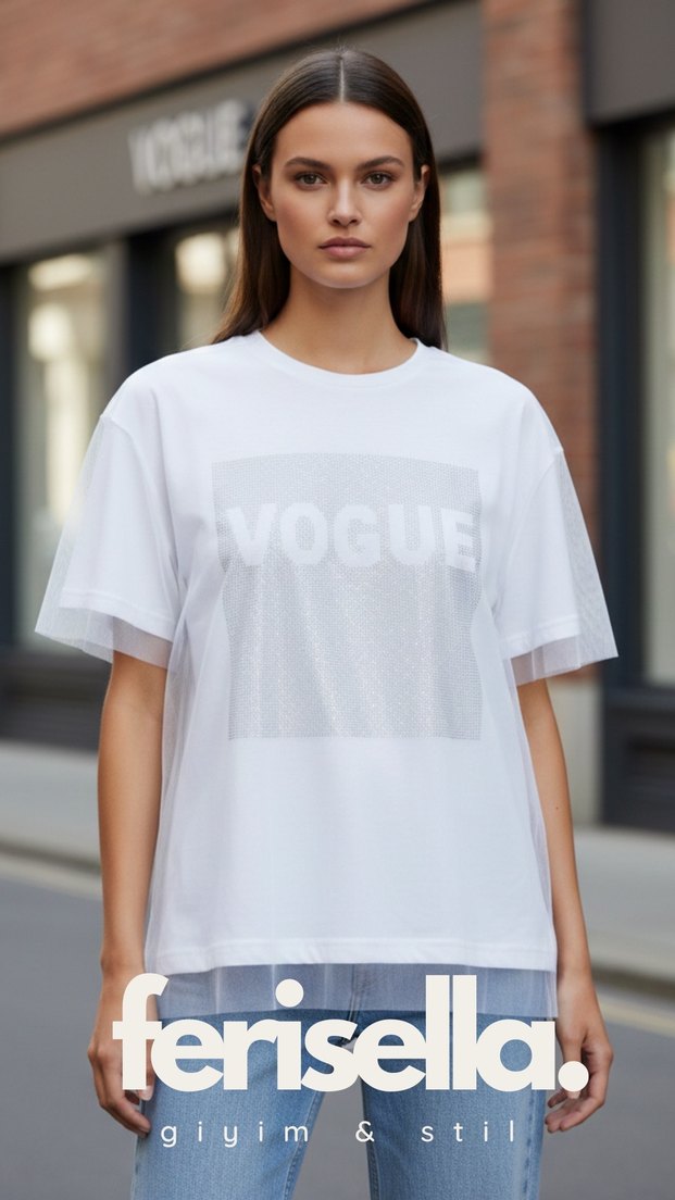 VOGUE Baskılı Tül ve Taş Detaylı Beyaz Tişört - Görsel 2