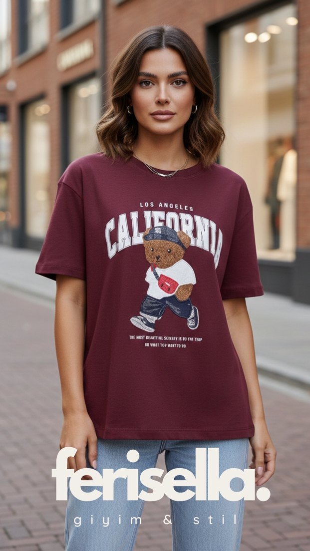 Bordo Baskılı Kadın Tişört - Görsel 2