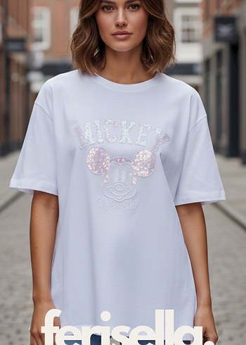 Beyaz Pul Mickey İşleme Kadın Tişört - Görsel 2