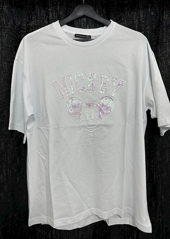 Beyaz Pul Mickey İşleme Kadın Tişört - Görsel 3