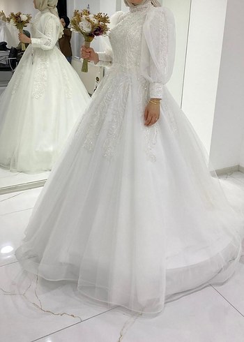 Beyaz Şeffaf Uzun Kollu Tesettür düğün Elbisesi - Görsel 4