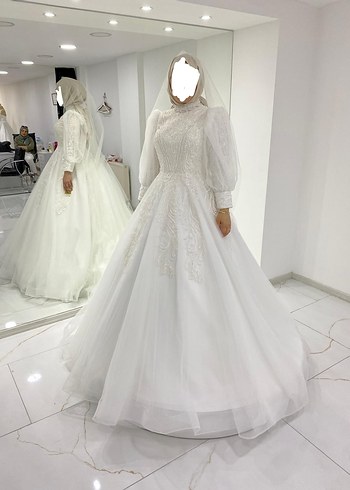 Beyaz Şeffaf Uzun Kollu Tesettür düğün Elbisesi - Görsel 3