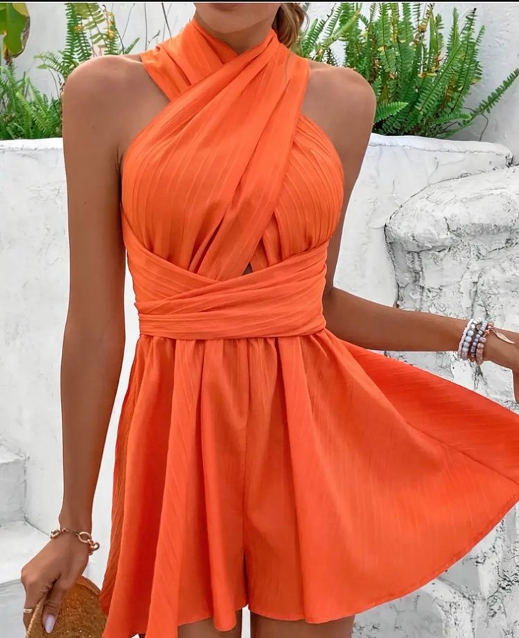 Turuncu Drapeli Mini Kadın Tulum - Görsel 2