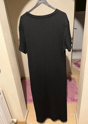 Siyah Örgü Midi Keten Elbise - Görsel 2