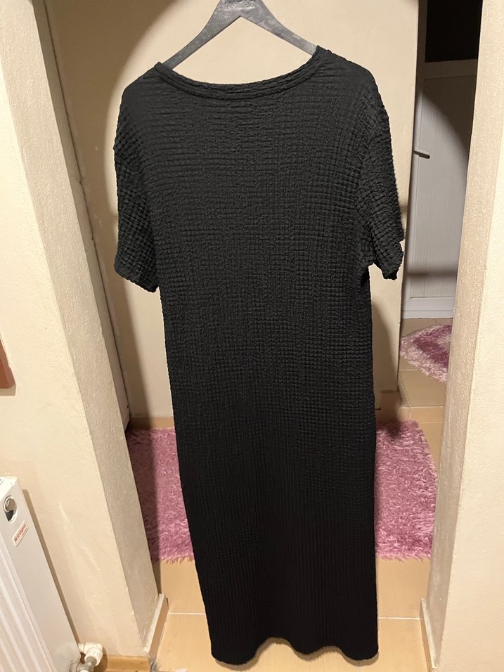 Siyah Örgü Midi Keten Elbise - Görsel 2