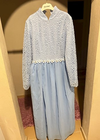 Dantel Detaylı Uzun Mavi Kadın Elbise - Görsel 2