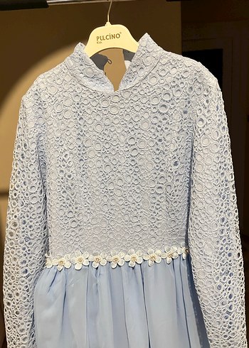 Dantel Detaylı Uzun Mavi Kadın Elbise - Görsel 3