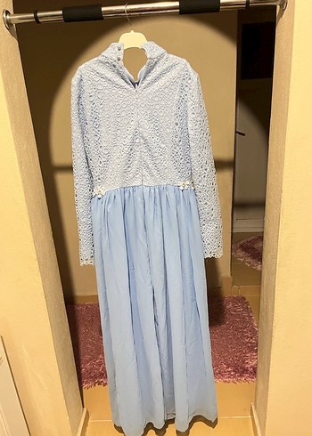 Dantel Detaylı Uzun Mavi Kadın Elbise - Görsel 6