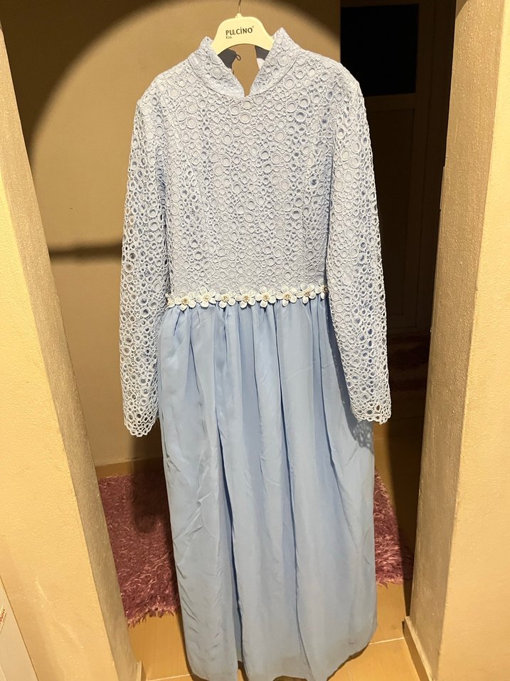 Dantel Detaylı Uzun Mavi Kadın Elbise - Görsel 2