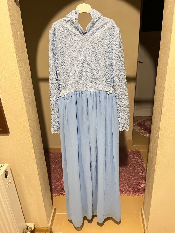 Dantel Detaylı Uzun Mavi Kadın Elbise - Görsel 5