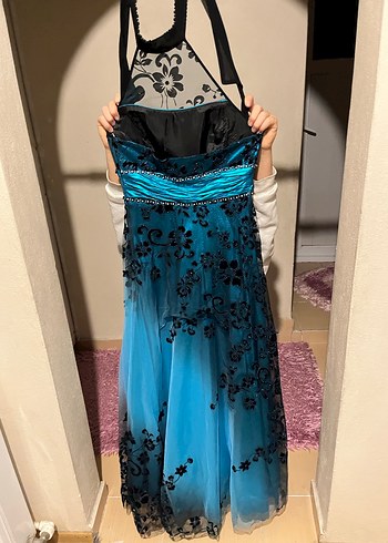 Mavi Straplez Midi Drapeli Elbise - Görsel 5