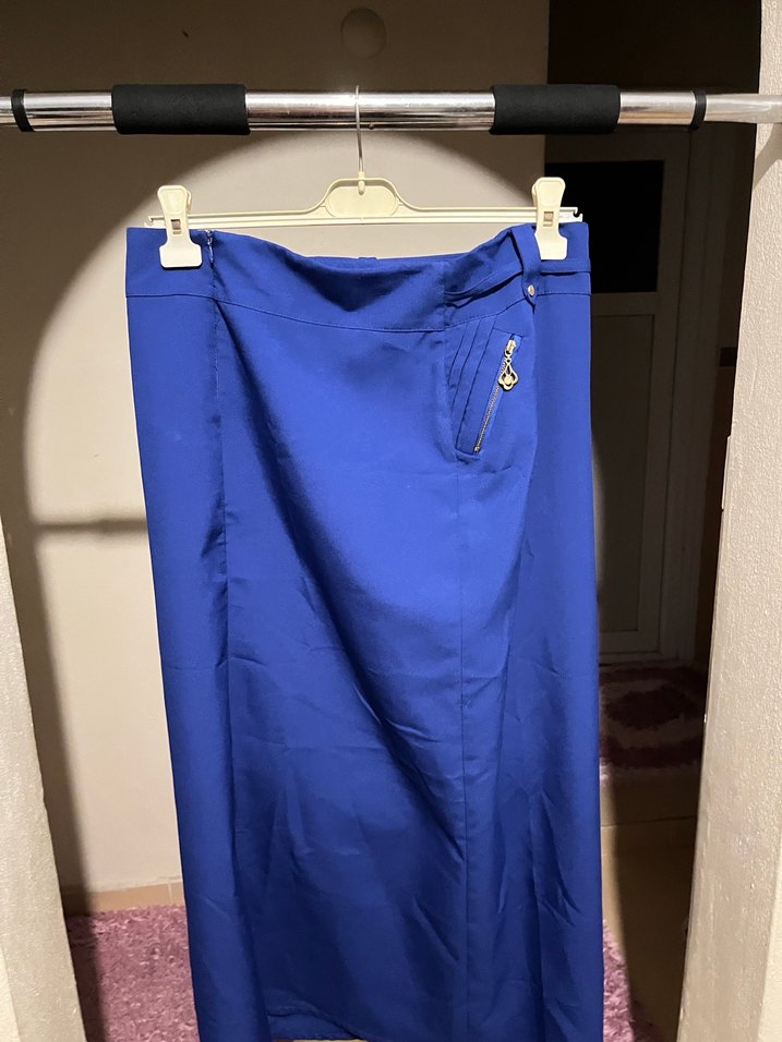 Beltli Parlak Mavi Midi Kadın Etek - Görsel 2