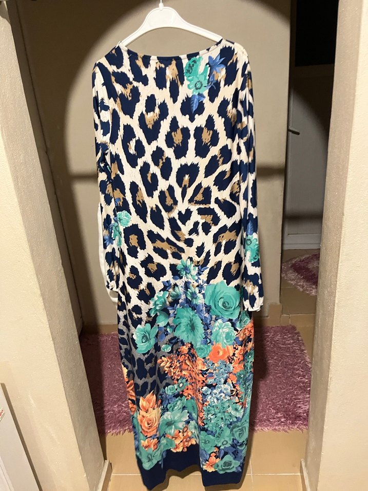 Çiçek ve Leopar Desenli Uzun Bohem Elbise - Görsel 3