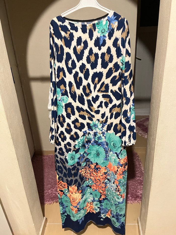 Çiçek ve Leopar Desenli Uzun Bohem Elbise - Görsel 2