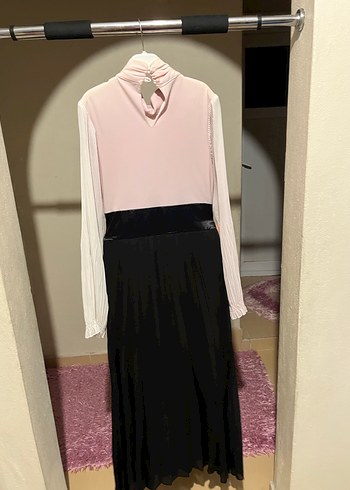 Pudra Pileli Uzun Kollu Uzun Elbise - Görsel 5