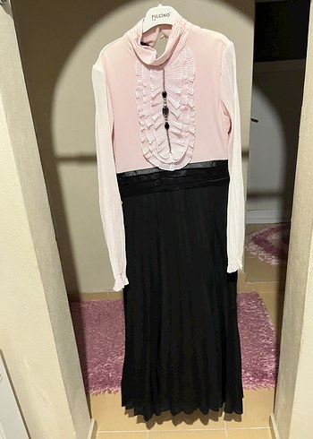 Pudra Pileli Uzun Kollu Uzun Elbise - Görsel 2