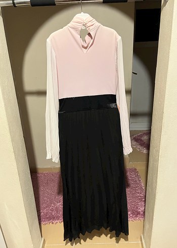 Pudra Pileli Uzun Kollu Uzun Elbise - Görsel 4