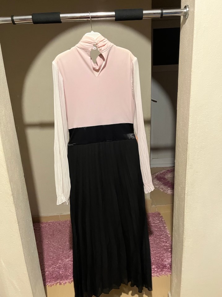 Pudra Pileli Uzun Kollu Uzun Elbise - Görsel 5