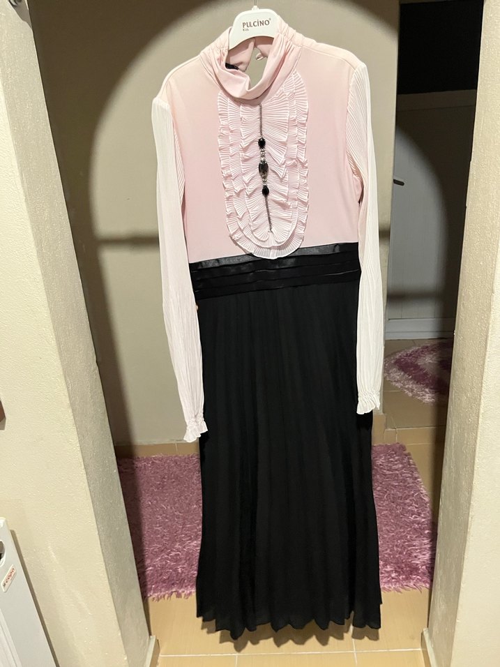 Pudra Pileli Uzun Kollu Uzun Elbise - Görsel 2