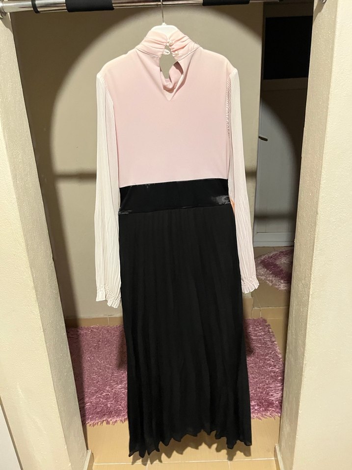 Pudra Pileli Uzun Kollu Uzun Elbise - Görsel 4