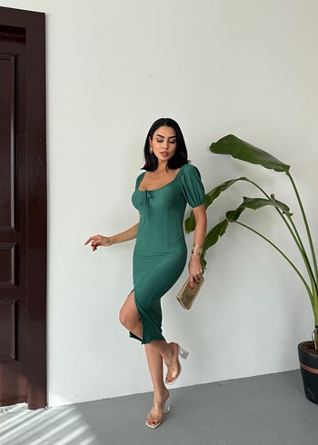 Yeşil Straplez Uzun Kalem Elbise - Görsel 5