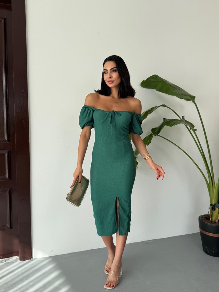 Yeşil Straplez Uzun Kalem Elbise - Görsel 4