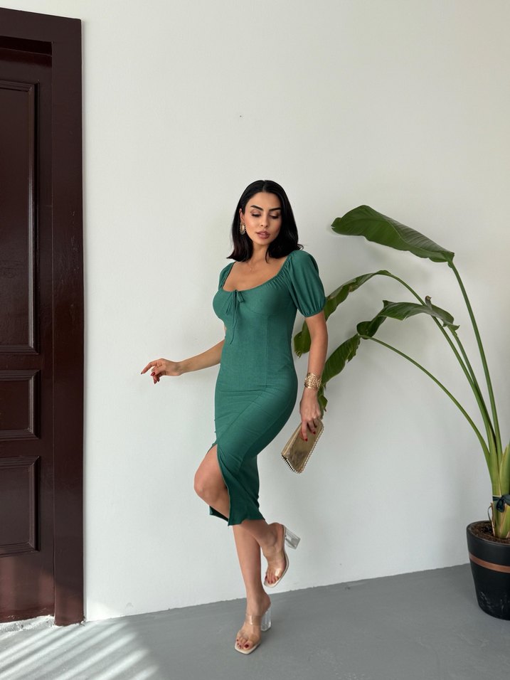 Yeşil Straplez Uzun Kalem Elbise - Görsel 5