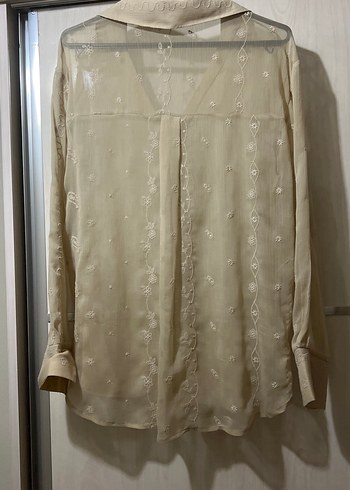 Bej Düğmeli Keten Kadın Gömlek - Görsel 3