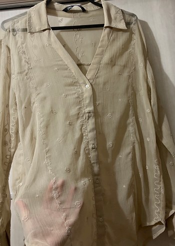 Bej Düğmeli Keten Kadın Gömlek - Görsel 2