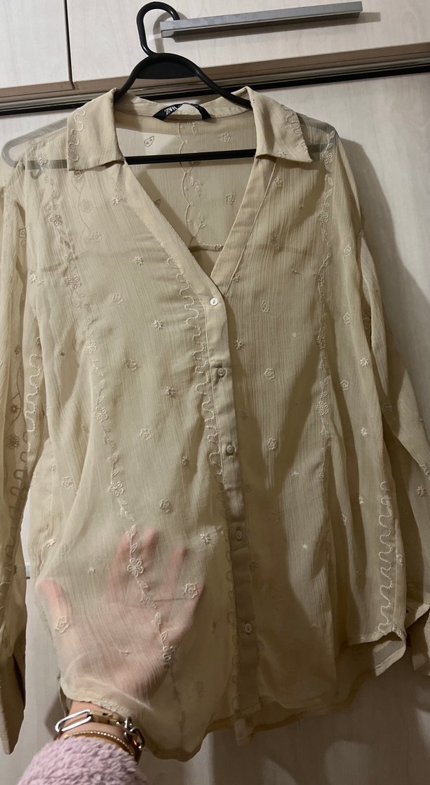 Bej Düğmeli Keten Kadın Gömlek - Görsel 2