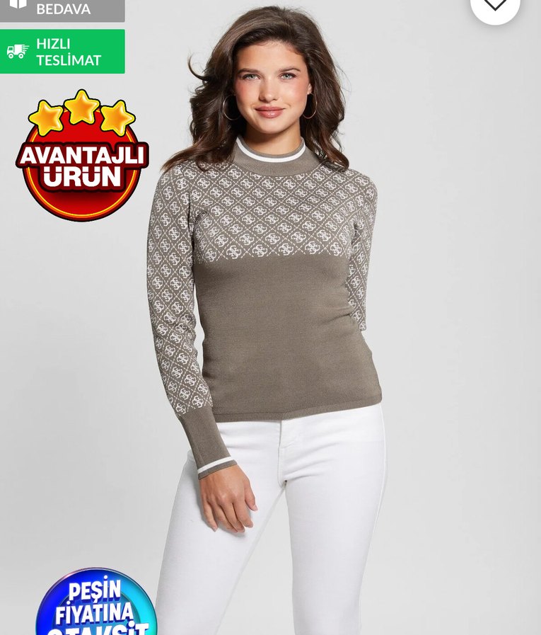 Kahverengi Desenli Örgü Kadın Kazak - Görsel 2