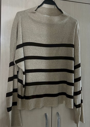 Kahverengi Çizgili Triko Kadın Kazak - Görsel 3