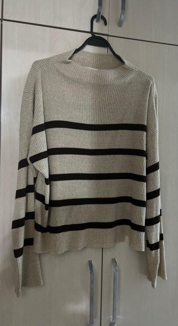 Kahverengi Çizgili Triko Kadın Kazak - Görsel 3