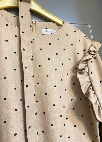 Bej Puantiyeli Uzun Keten Elbise - Görsel 2