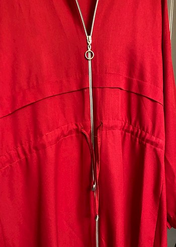 Kırmızı Uzun Keten Fermuarlı, Salaş Kesim - Görsel 2