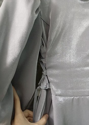 Gri Uzun Drapeli Kadın Elbise - Görsel 10