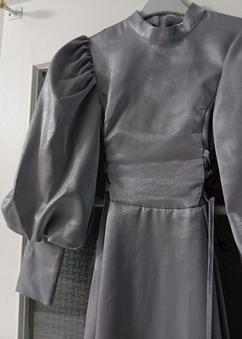 Gri Uzun Drapeli Kadın Elbise - Görsel 9