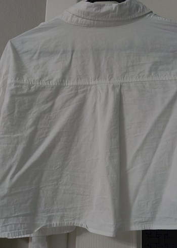 Beyaz Keten Düğmeli Kadın Crop Gömlek - Görsel 5