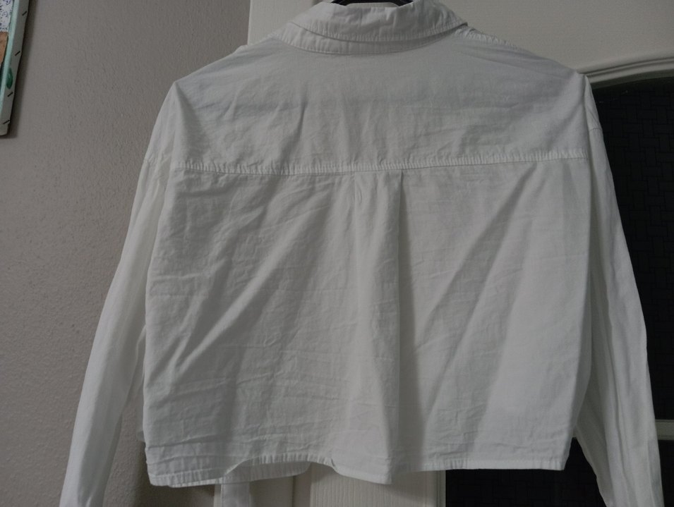 Beyaz Keten Düğmeli Kadın Crop Gömlek - Görsel 5