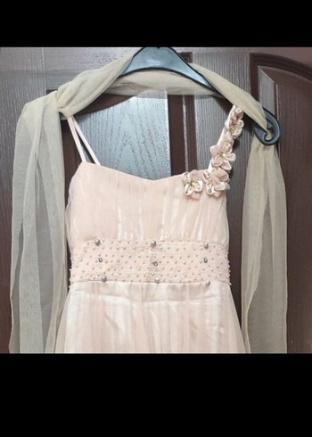 Bej Uzun Drapeli Straplez Kadın Abiye - Görsel 3