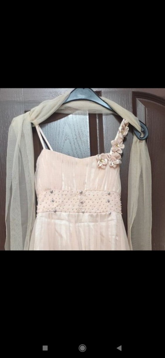 Bej Uzun Drapeli Straplez Kadın Abiye - Görsel 3