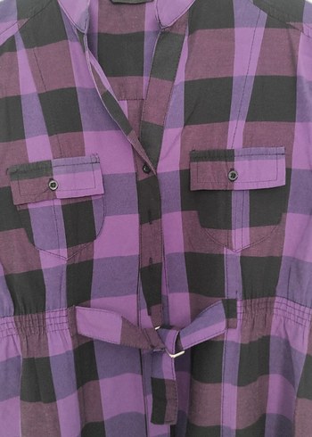 Düğmeli Mor Kareli Kadın Gömlek - Görsel 2