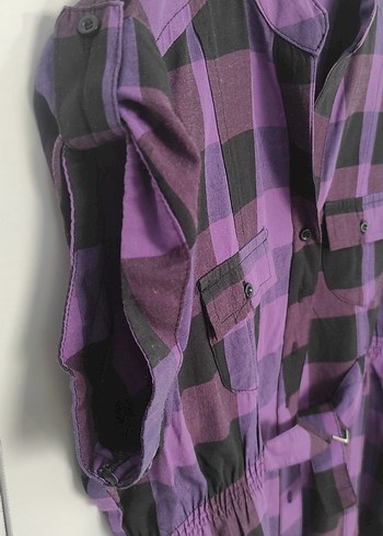 Düğmeli Mor Kareli Kadın Gömlek - Görsel 4
