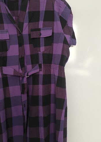 Düğmeli Mor Kareli Kadın Gömlek - Görsel 3