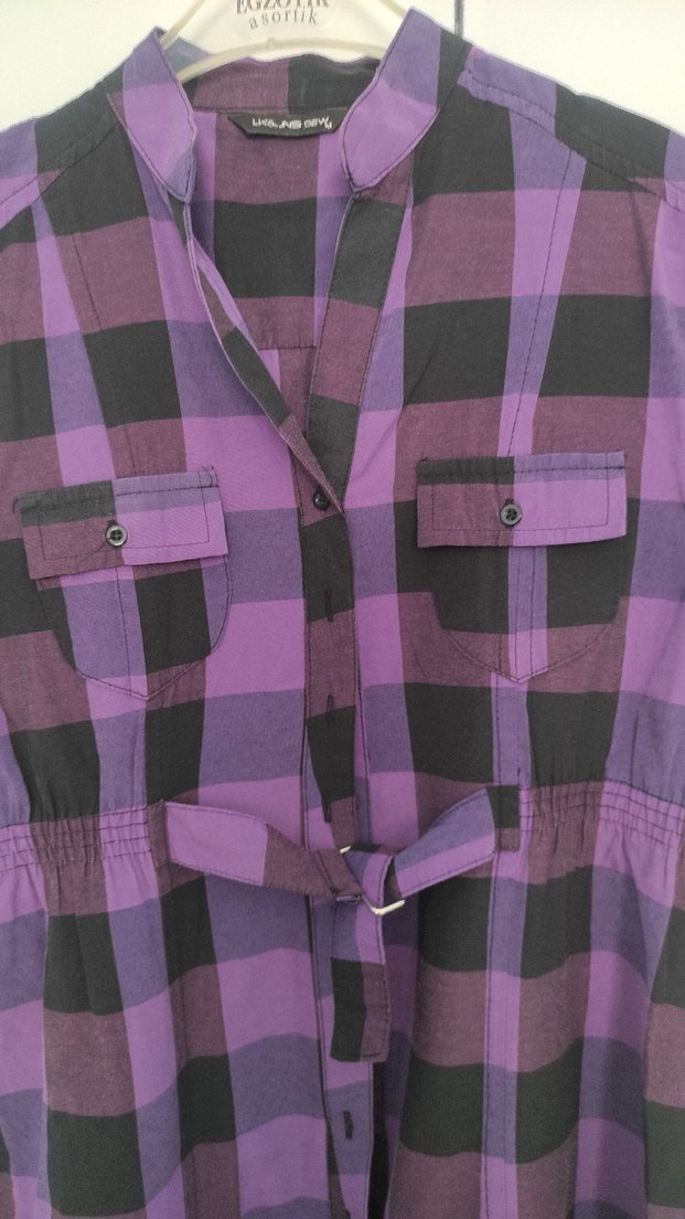 Düğmeli Mor Kareli Kadın Gömlek - Görsel 2