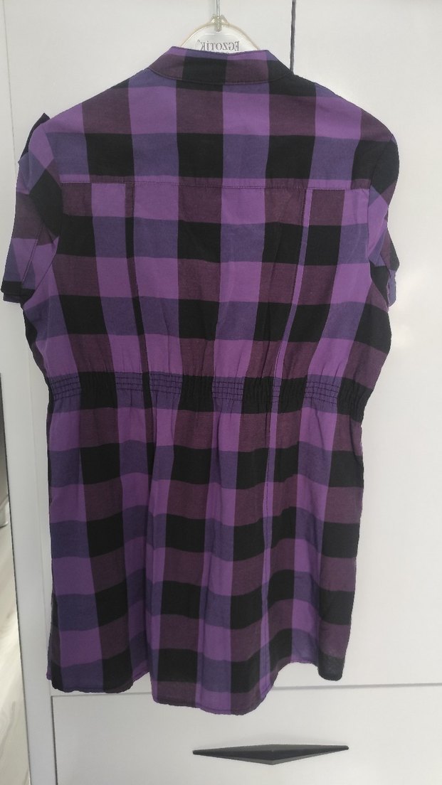 Düğmeli Mor Kareli Kadın Gömlek - Görsel 5