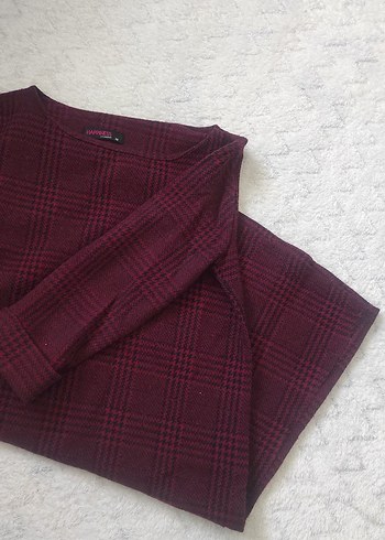 Bordo Ekose Desenli Mini Elbise - Görsel 4